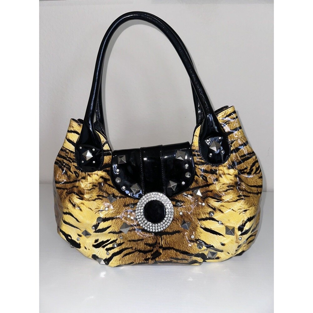 Charm and Luck Tiger Leather Hand Bag, Crystal Buckles.